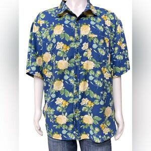 Old Navy Floral Hawaiian Button Up Shirt Blue Yellow Short Sleeve Mens XXXXL